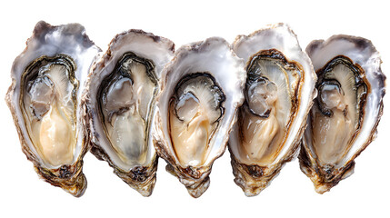 Five fresh oysters on the half shell showcase the delicacies of the sea in an inviting culinary composition, transparent background