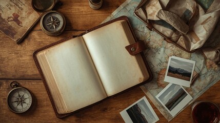 A Traveler's Tale: An opened, aged leather journal with yellowed, blank pages, set amidst a vintage map, compass, and evocative travel photographs, ready for new narratives.