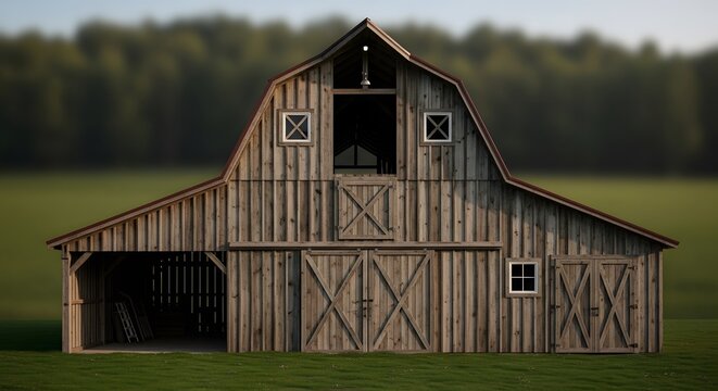 Rustic Wooden Barn with Gambrel Roof and XBrace Doors in Rural Setting. - Powered by Adobe