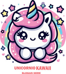 Unicornio kawaii logo vector white background .