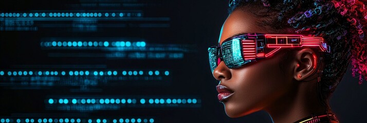 futuristic cyberpunk woman with neon glasses and digital background