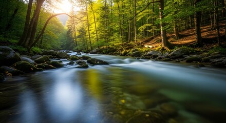Serene Forest River Long Exposure Captures Sunlight and Mossy Rocks.