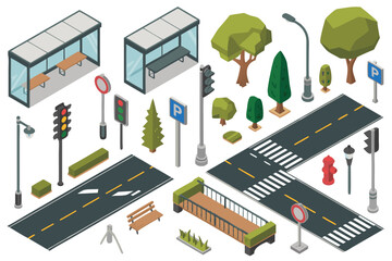Chicago isometric map with city roads, benches, traffic signals, and trees, perfect for urban planning projects and architectural presentations.