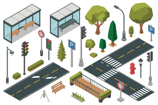 Chicago isometric map with city roads, benches, traffic signals, and trees, perfect for urban planning projects and architectural presentations.