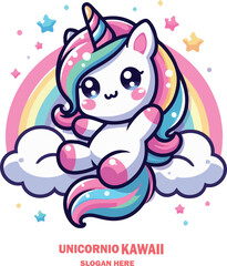 Unicornio kawaii logo vector white background .