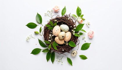 Overhead shot of a nest with eggs and floral sprigs on white