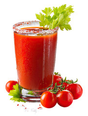 Tomato Juice – Rich Tomato Juice in Glass Tumbler with Garnish on Transparent Background
