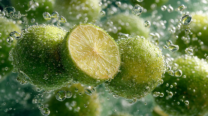 Limes in sparkling water with bubbles macro view