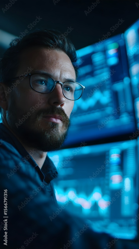 Poster a focused trader in a futuristic blockchain control room