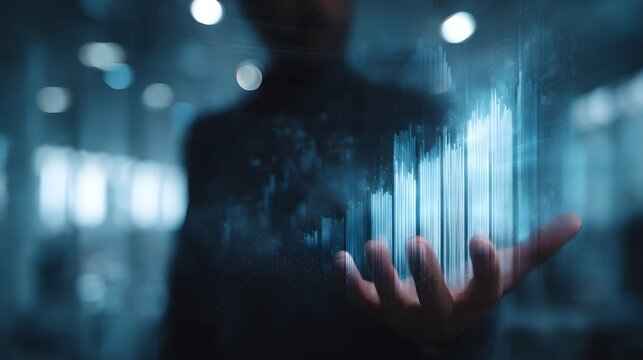 Financial analyst presenting virtual holographic data in corporate boardroom