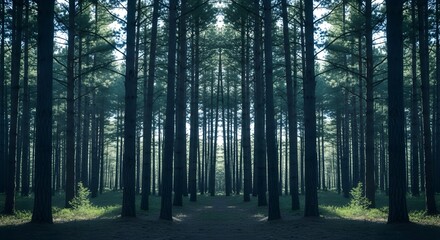 Fototapeta premium Symmetrical Forest Canopy Tall Pines Bathed in Ethereal Light Serene Woodland Scene.