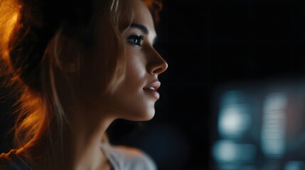 A tech savvy investor controls a cryptocurrency dashboard using voice commands in an AI enabled workspace  long title A young professional woman uses