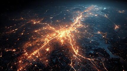 Vibrant cityscape at night seen from above with glowing lights and dark surroundings
