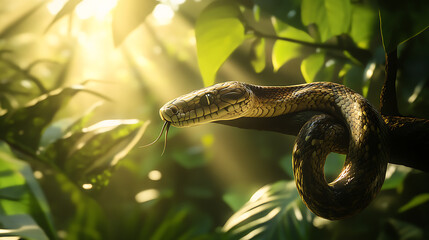Naklejka premium Jungle snake peacefully laying on wood branch high resolution picture
