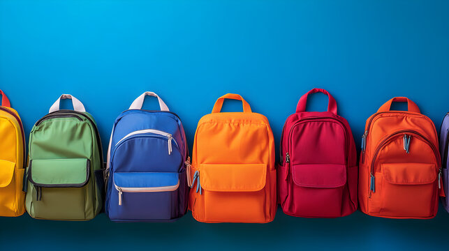 un grupo de mochilas colgadas en una pared azul con espacio de copia mochilas coloridas escolares para el regreso a clases 