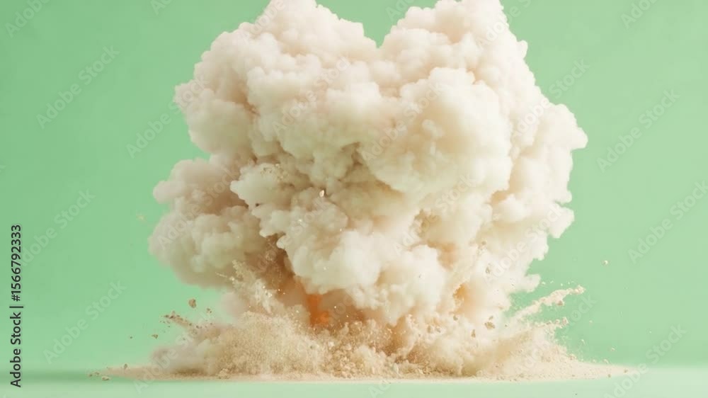 Poster Dust cloud explosion on green background: A mesmerizing studio shot captures a cloud of light-colored dust expanding against a muted green backdrop.