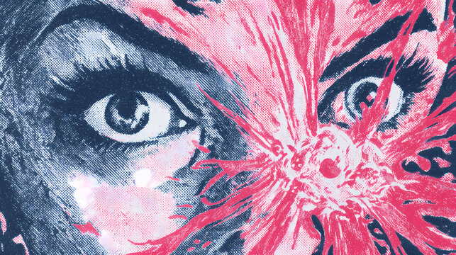 fractured iconography. | sharp edge masking | mid-century advertising | brutalist graphics | Horror / fear / action female face - explosion - risograph print. silkscreen print