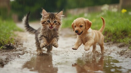 Two adorable animals, a kitten and puppy, frolic together in a muddy puddle on a country path.  A perfect moment of pure joy and playfulness