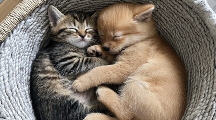 Two adorable kittens cuddling in a basket