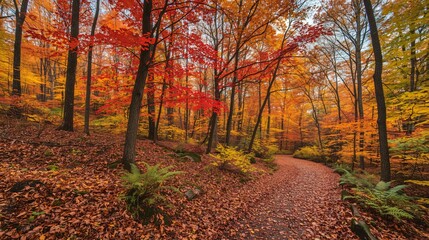 Autumn's Fiery Embrace: A winding path through a vibrant autumn forest, showcasing a breathtaking spectrum of red, orange, and yellow leaves under a soft, diffused light.
