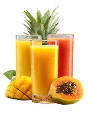  Tropical Fruit Juice Set – Pineapple, Mango, and Papaya Juices on Transparent Background