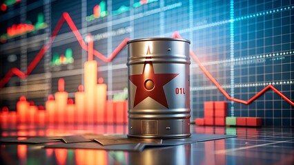 An oil barrel with a red star sits on a desk in front of a graph showing a decline in oil prices