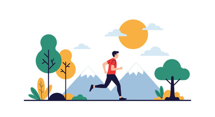 Man running outdoors in a park with trees mountains and sun illustration representing a healthy lifestyle and physical activity