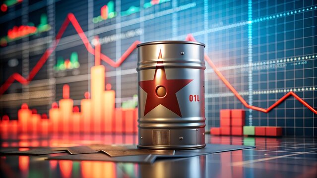 An oil barrel with a red star sits on a desk in front of a graph showing a decline in oil prices