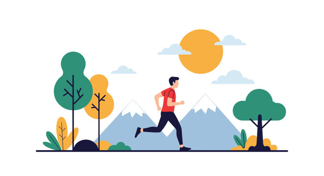 Man running outdoors in a park with trees mountains and sun illustration representing a healthy lifestyle and physical activity