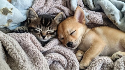 Two adorable pets snuggled under blankets