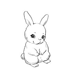 Cartoon illustration of a hand drawn fluffy rabbit with expressive eyes and a soft pose vector illustration. Perfect for children’s books, Easter cards or nursery designs