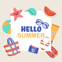 Colorful cartoon composition featuring summer elements and “Hello Summer” text with space for design or message vector illustration 