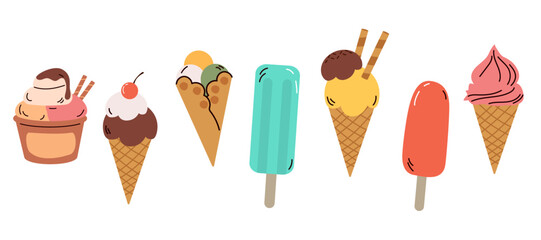 Fun cartoon set of different types of ice creams, perfect for summer designs, product labels and children’s themes