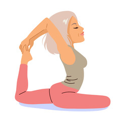 Cartoon of a senior woman gracefully performing a yoga pose vector illustration. Drawing promotes healthy lifestyle, wellness and fitness at any age