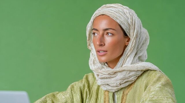 Radiant gaze of tradition: A woman, swathed in a traditional headdress and attire, directs her attention toward an unseen point, against the backdrop of a solid and evocative green color.
