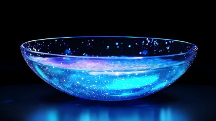 A mesmerizing glass bowl filled with glowing blue liquid and sparkling particles against a dark backdrop - Powered by Adobe