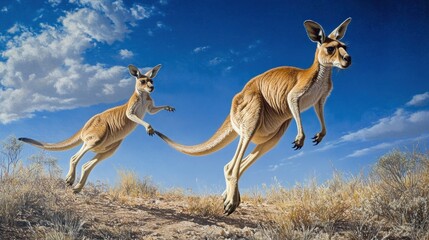 Two kangaroos in mid-air leap.  A mother and joey kangaroo bounding across a dry landscape under a vibrant sky