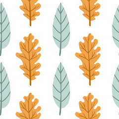 Modern abstract seamless patterns with natural colorful shapes. Autumn colors and fall leaves. Vector illustration in flat style for Wrapping paper, textile print, wallpaper.