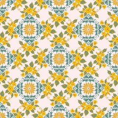 Fototapeta premium Seamless floral pattern with yellow flowers and ornamental leaves. Traditional Thai-inspired design for textile, wallpaper, and decoration.