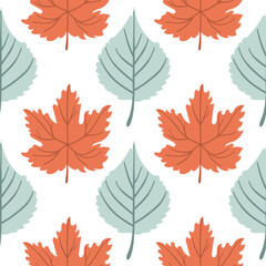 Modern abstract seamless patterns with natural colorful shapes. Autumn colors and fall leaves. Vector illustration in flat style for Wrapping paper, textile print, wallpaper.