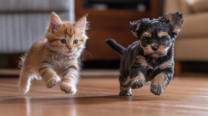 Two playful kittens and puppies running together on a hardwood floor