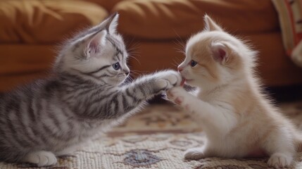 Two playful kittens interacting on a carpet.  Cute, fluffy, and adorable kittens playing together.  Their paws are touching, as if interacting. Soft lighting and warm color palette