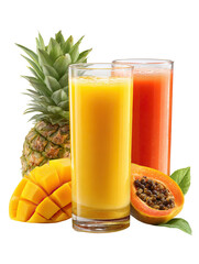  Tropical Fruit Juice Set – Pineapple, Mango, and Papaya Juices on Transparent Background