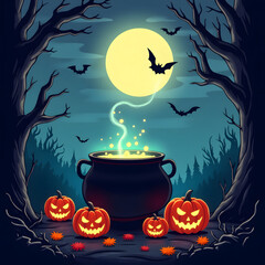 Fototapeta premium Halloween Scene with Glowing Cauldron and Jack O Lanterns