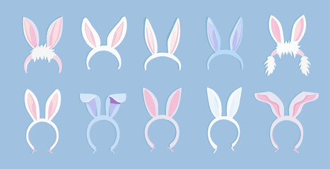 Set of headbands with playful bunny ears in various colors. Easter festivities, adding fun to spring celebrations with friends and family. Vector flat illustration