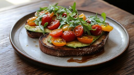 Two slices of toasted bread topped with avocado, cherry tomatoes, and arugula