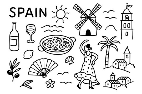 Whimsical doodles of Spain with elements like a flamenco dancer, paella, windmills, and palm trees, olives. Whimsy hand drawn line art mediterranean elements. Vector outline illustration