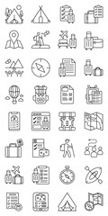 Adventure Travel Packing Essentials set of web icons in line style. adventure travel, travel essentials, packing list, travel gear and outdoor equipment. Vector illustration.