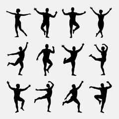 Zumba vector of twelve diverse black silhouettes dancing joyfully in vibrant zumba class. Suitable for fitness or dancerelated designs.
