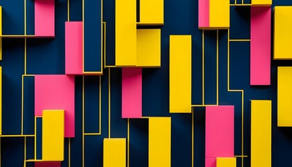 Abstract arrangement of pink and yellow rectangles with yellow lines on a dark blue background